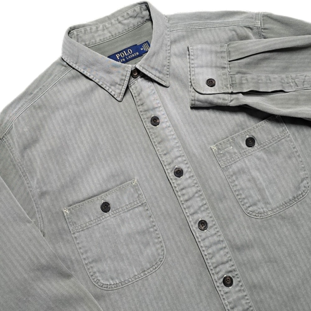 Polo Ralph Lauren Herringbone Camp‎ Shirt Mens M Olive Green Rare
